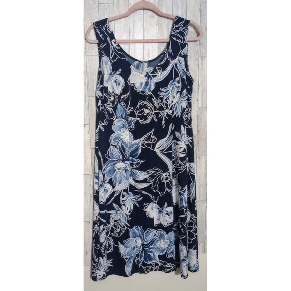 R&M RICHARDS Midi Dress Blue Floral Sleeveless Pullover‎ Summer Vacation Size 14 - Picture 2 of 5